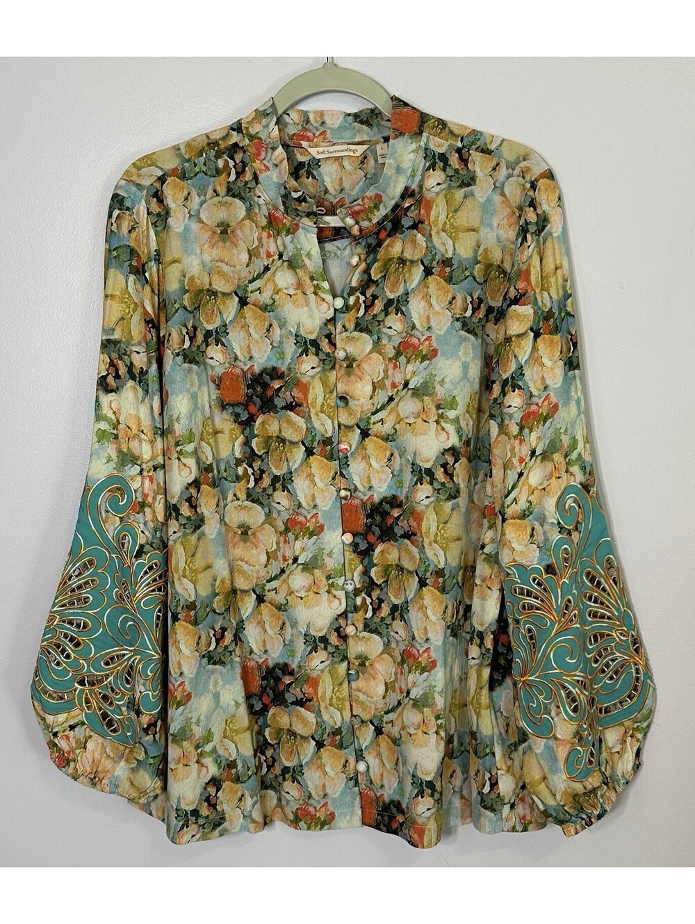 Soft Surroundings Linen Embroidered Watercolor Floral High Neck Blouse Large EUC